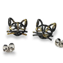 Load image into Gallery viewer, Cat Studs, Polished Sterling or Blackened & 22k Gold