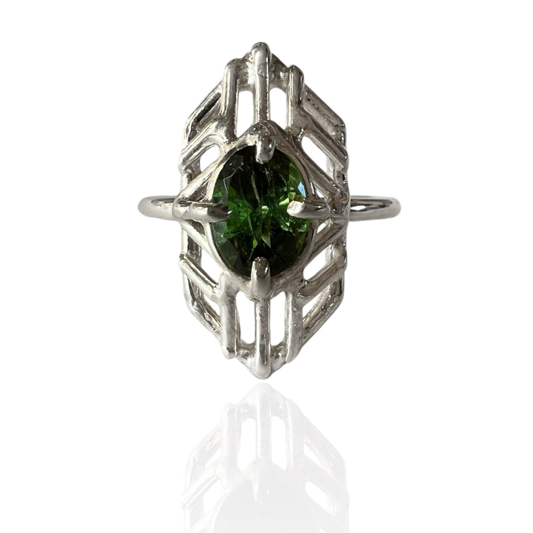 Green Tourmaline Hexagon Ring, Argentium Silver