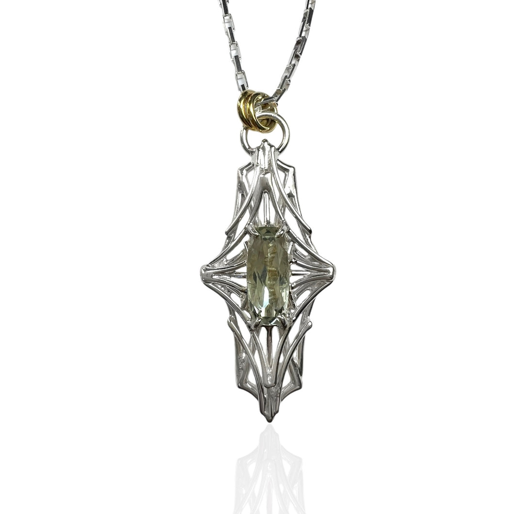 Verdant Flare Prasiolite Necklace, Argentium Silver & 18K Gold