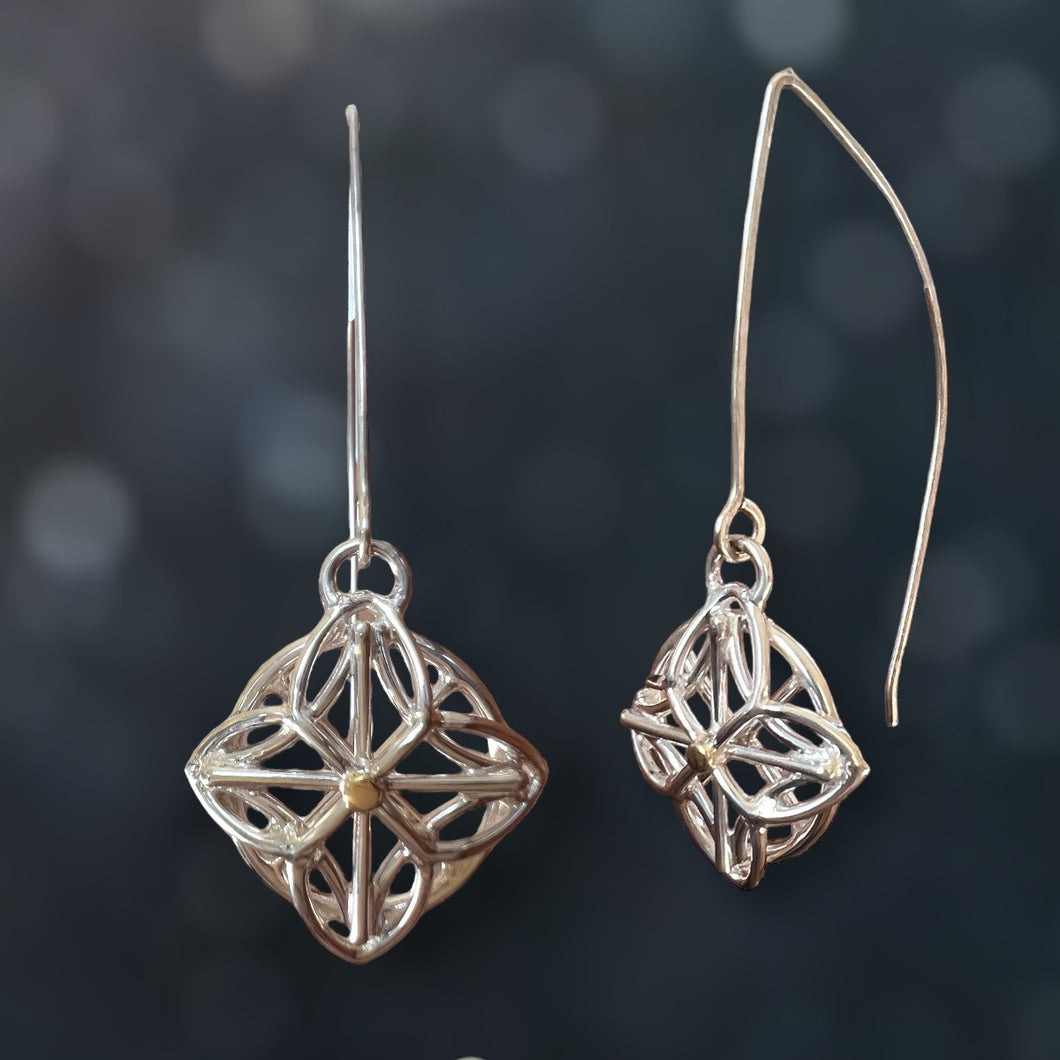 Geo Floral Dangling Earrings in Argentium with 18k gold