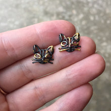 Load image into Gallery viewer, Cat Studs, Polished Sterling or Blackened &amp; 22k Gold
