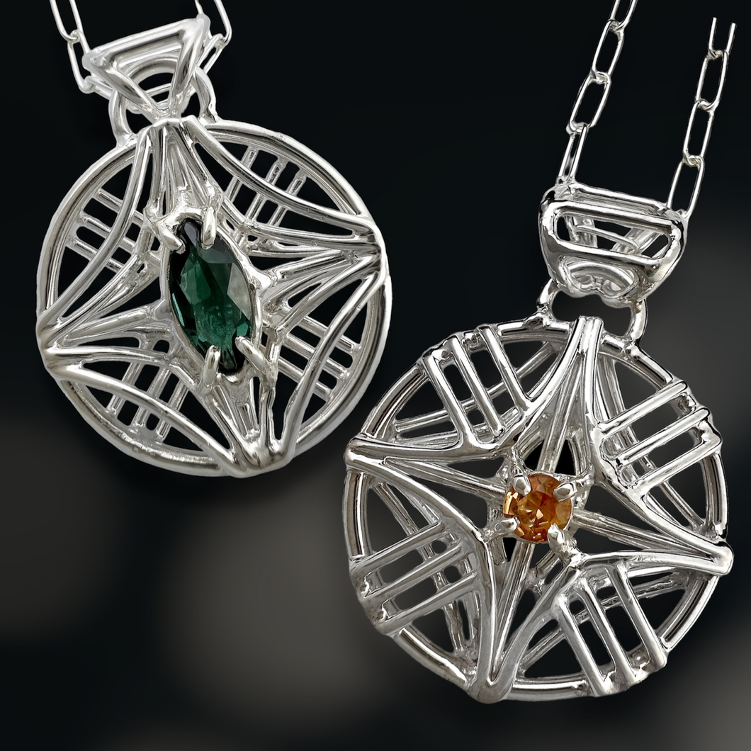 Imperial Topaz and Green Tourmaline Medallion Reversible Necklace in Argentium Silver