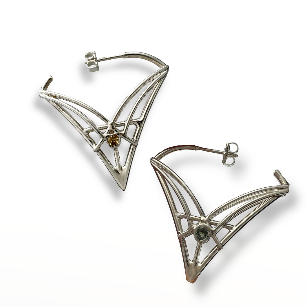 Triangle Drop Multicolored Tourmaline Hoop Earrings in Argentium Silver