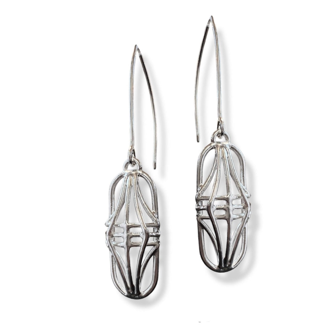 Banded Art Deco Style Argentium Silver Oval Dangle Earrings